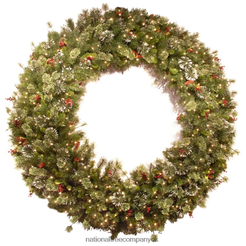 Greenery | National Tree Company Pre-Lit Artificial Christmas Wreath Green Wintry Pine White Lights Plug-In Decorated with Pine Cones Berry Clusters Frosted Branches Christmas Collection 60 I